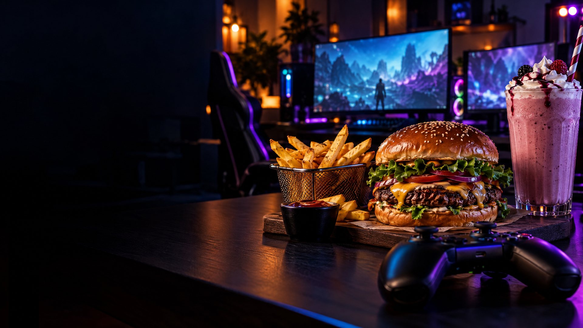 Promotional artwork of a burger, fries, shake, and game controller in a neon-lit cafe